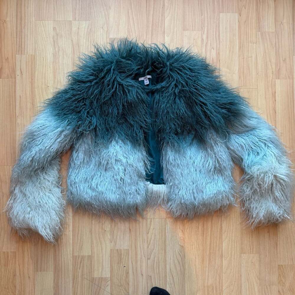 Bar III Ombre Green Teal Turquoise Emerald Shaggy Faux Fur Crop Jacket